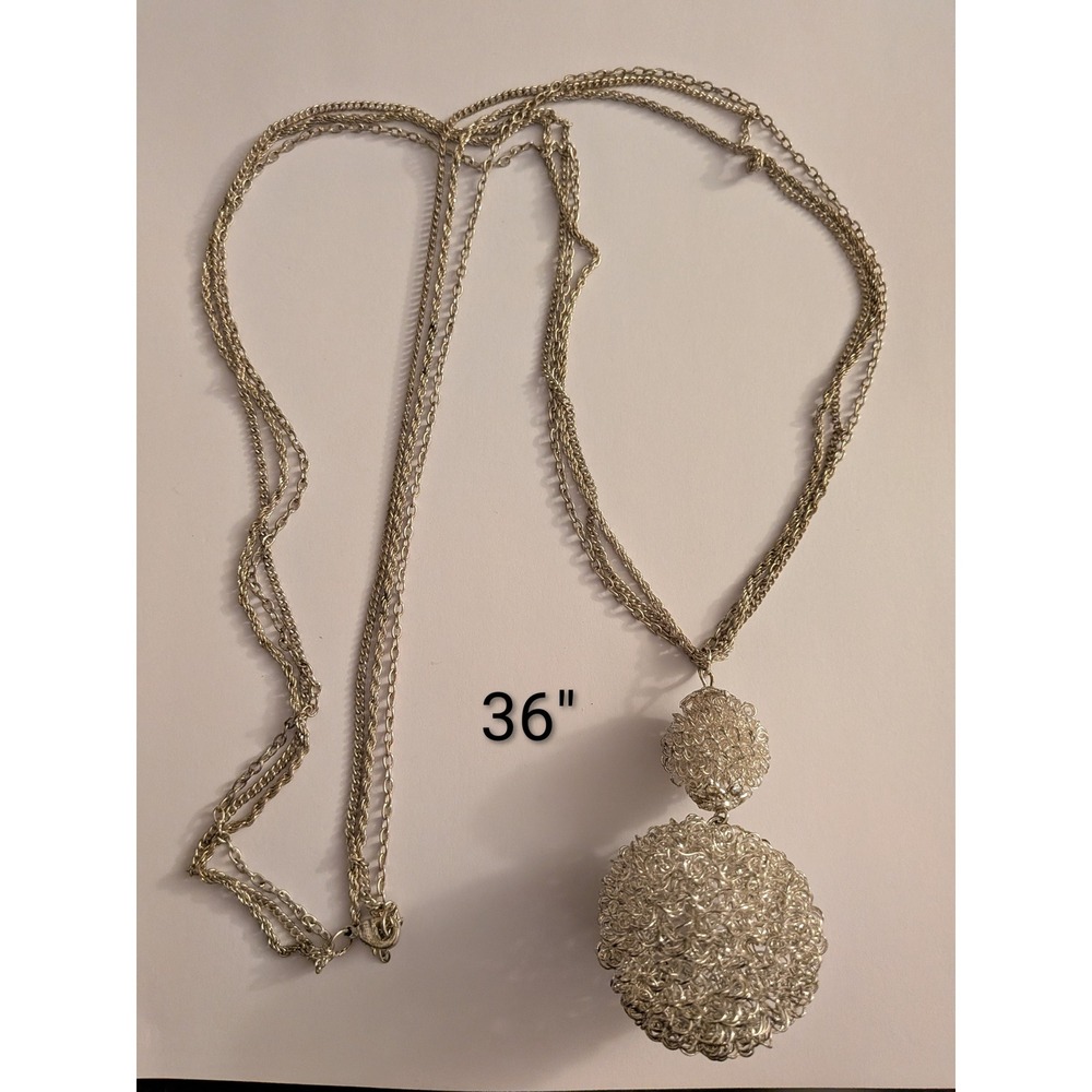 Silver Tone Multi Strand Long Chain Necklace Woven Wire Mesh Double Orb Pendant